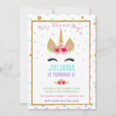 魔法のユニコーンレインボー誕生日ピンク金ゴールド紫 招待状 (正面)