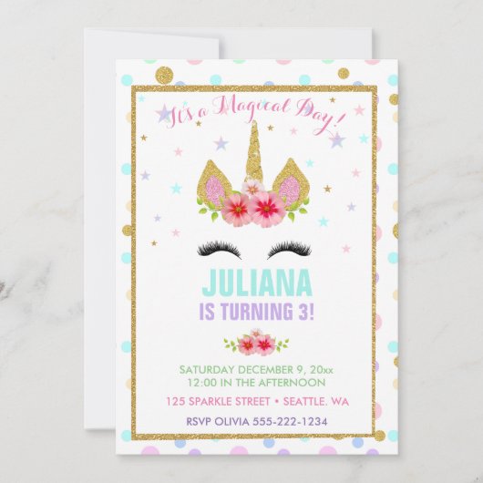 魔法のユニコーンレインボー誕生日ピンク金ゴールド紫 招待状 (正面)