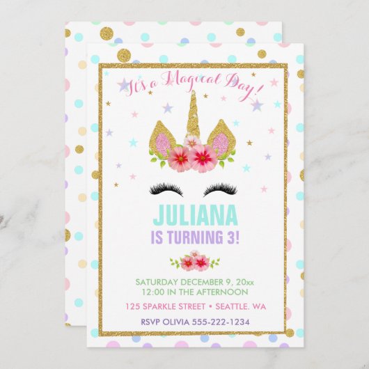 魔法のユニコーンレインボー誕生日ピンク金ゴールド紫 招待状 (正面/裏面)