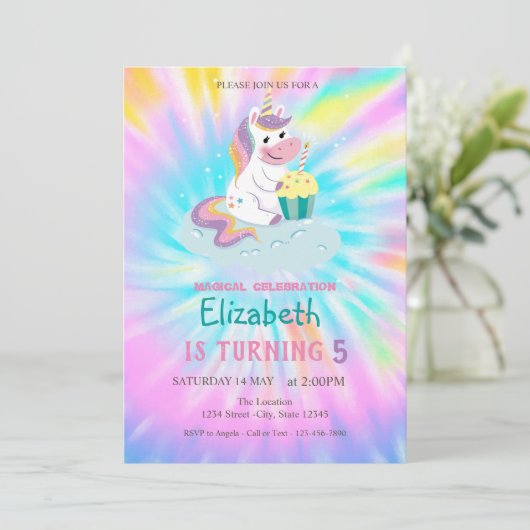 魔法のユニコーンレインボー タイダイ バースデー 招待状 (スタンド正面)