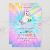 魔法のユニコーンレインボー タイダイ バースデー 招待状 (正面/裏面)