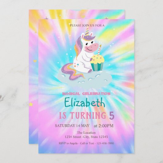 魔法のユニコーンレインボー タイダイ バースデー 招待状 (正面/裏面)