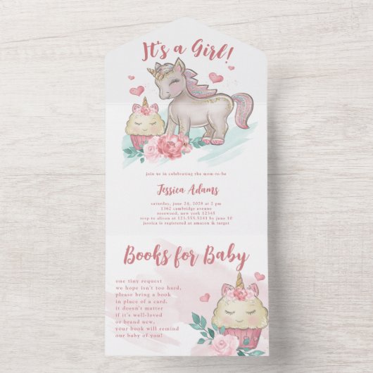 魔法のユニコーン女の子の赤ちゃんシャワー オールインワン招待状 (内側)