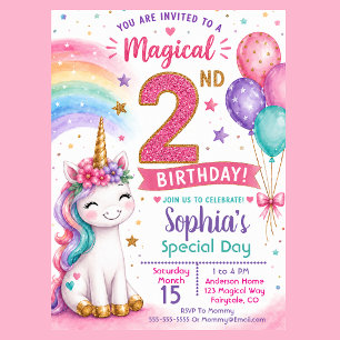 魔法のユニコーン女子の2歳の誕生日 招待状