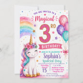 魔法のユニコーン女子の3歳の誕生日 招待状 (正面)