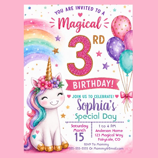 魔法のユニコーン女子の3歳の誕生日 招待状