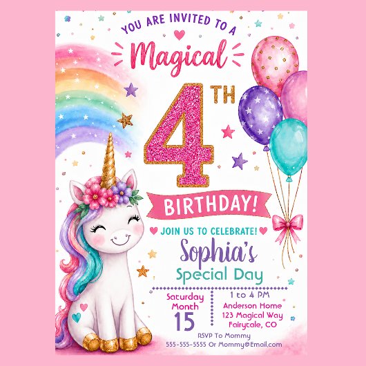 魔法のユニコーン女子の4歳の誕生日 招待状