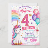 魔法のユニコーン女子の4歳の誕生日 招待状 (正面)