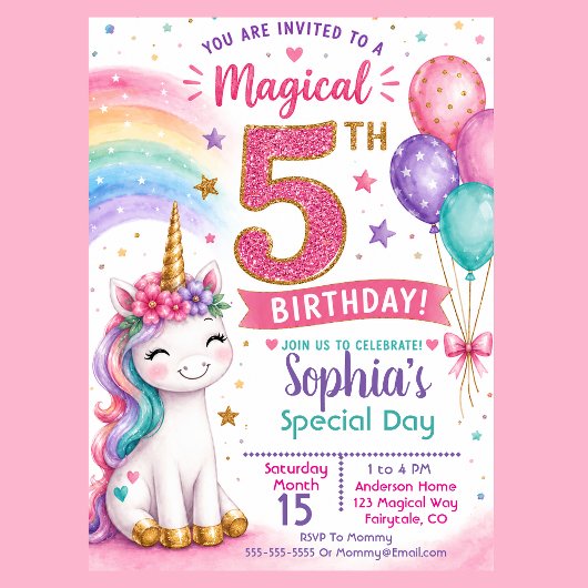魔法のユニコーン女子5歳の誕生日 招待状