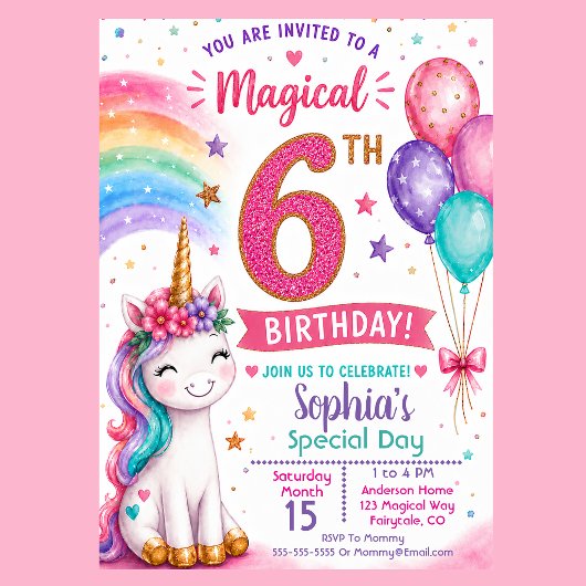 魔法のユニコーン女子6歳の誕生日 招待状