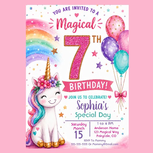 魔法のユニコーン女子7歳の誕生日 招待状