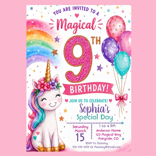 魔法のユニコーン女子9歳の誕生日 招待状