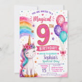 魔法のユニコーン女子9歳の誕生日 招待状 (正面)