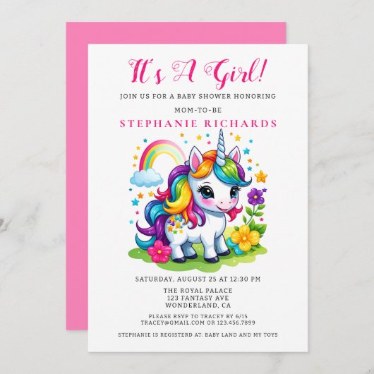 魔法のユニコーン少女の赤ちゃんシャワー 招待状 (正面/裏面)