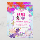魔法のユニコーン招待状 – 紫とピンクのグリッター 招待状 (正面/裏面)