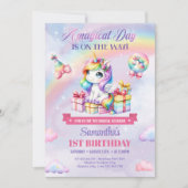 魔法のユニコーン紫の水色の最初の誕生日 招待状 (正面)