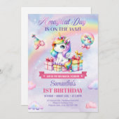 魔法のユニコーン紫の水色の最初の誕生日 招待状 (正面/裏面)