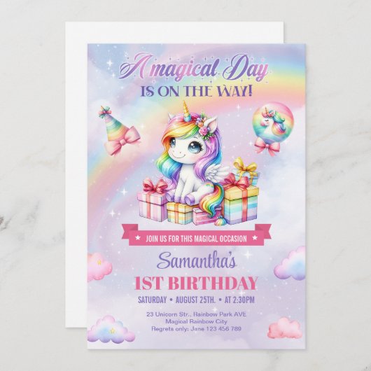 魔法のユニコーン紫の水色の最初の誕生日 招待状 (正面/裏面)