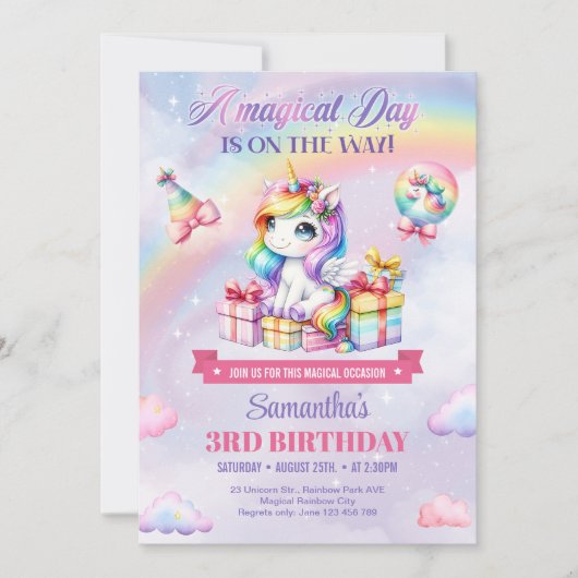魔法のユニコーン紫の水色の第3誕生日 招待状 (正面)