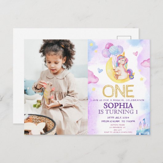 魔法のユニコーン紫の水色の誕生日パーティー ポストカード (正面/裏面)