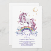 魔法のユニコーン紫の水色の誕生日パーティー 招待状 (正面/裏面)