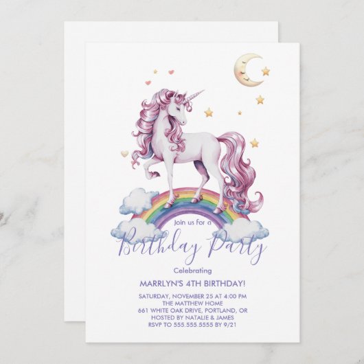 魔法のユニコーン紫の水色の誕生日パーティー 招待状