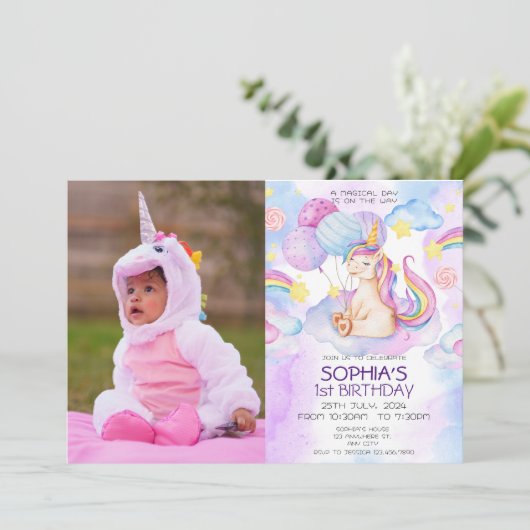 魔法のユニコーン紫の水色の誕生日パーティー 招待状 (スタンド正面)
