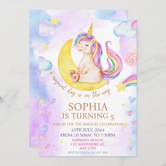 魔法のユニコーン紫の水色の誕生日パーティー 招待状 (正面/裏面)