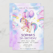 魔法のユニコーン紫の水色の誕生日パーティー 招待状 (正面/裏面)