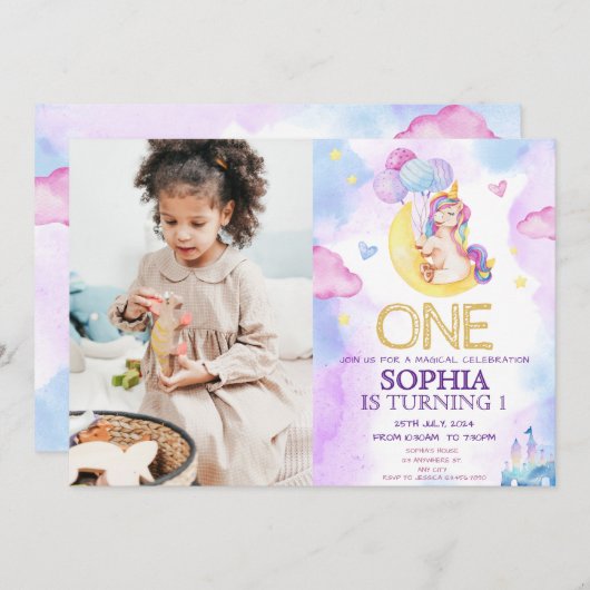 魔法のユニコーン紫の水色の誕生日パーティー 招待状 (正面/裏面)