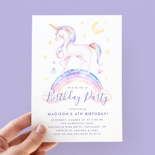 魔法のユニコーン紫の水色の誕生日パーティー 招待状
