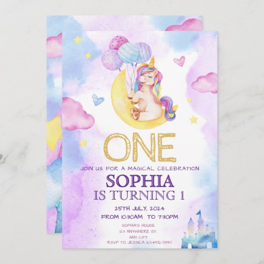 魔法のユニコーン紫の水色の誕生日パーティー 招待状 (正面/裏面)