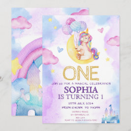 魔法のユニコーン紫の水色の誕生日パーティー 招待状