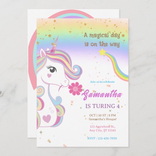 魔法のユニコーン紫の誕生日パーティー 招待状 (正面/裏面)