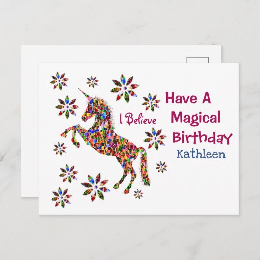 魔法のユニコーン花誕生日パーソナライズ ポストカード (正面/裏面)