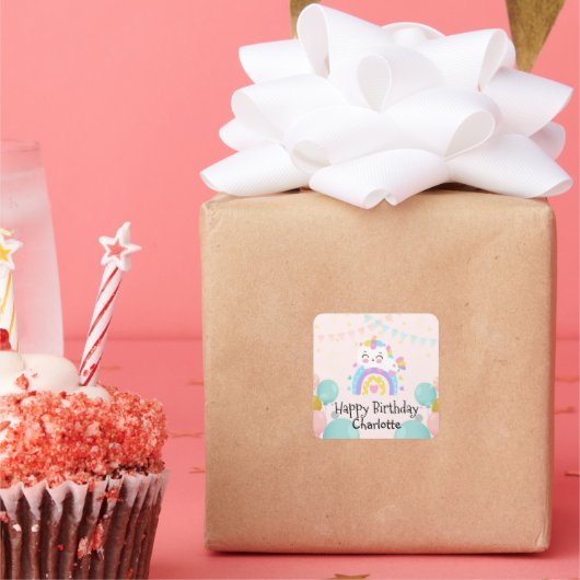 魔法のユニコーン虹のグラデーション誕生日パーティー スクエアシール (パーティー)