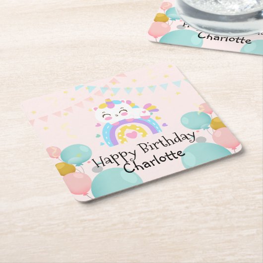 魔法のユニコーン虹のグラデーション誕生日パーティー スクエアペーパーコースター (アングル)