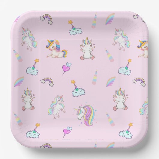 魔法のユニコーン虹のグラデーション誕生日パーティー ペーパープレート (正面)