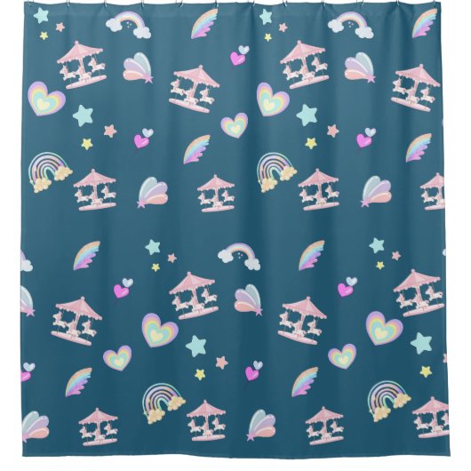 魔法のユニコーン虹の回転木馬パターン誕生日 シャワーカーテン (正面)