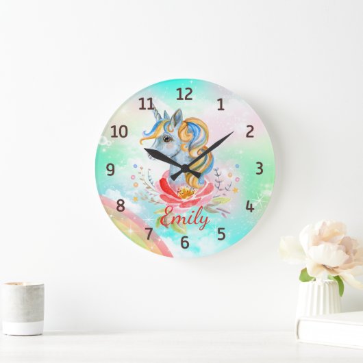 魔法のユニコーン虹の壁パーソナライズされた時計 ラージ壁時計 (ホーム)
