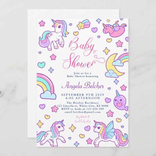 魔法のユニコーン虹の赤ちゃんシャワー 招待状 (正面/裏面)