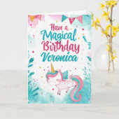 魔法のユニコーン誕生日が挨拶を祈る カード (黄色い花)