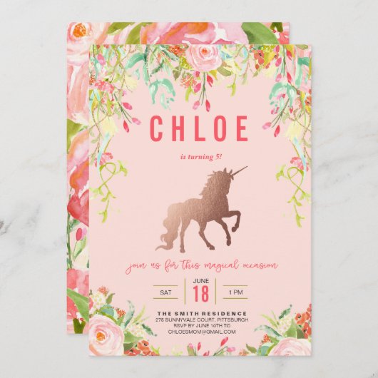魔法のユニコーン誕生日パーティーの招待 招待状 (正面/裏面)