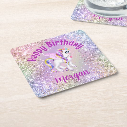 魔法のユニコーン誕生日パーティーカップケーキ スクエアペーパーコースター (アングル)