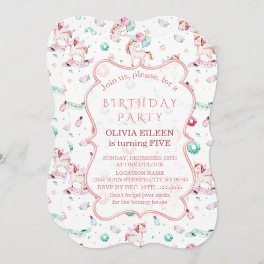 魔法のユニコーン誕生日パーティーガール任意の年齢 招待状 (正面/裏面)
