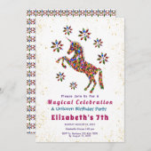 魔法のユニコーン誕生日パーティーグリッターパーソナライズ 招待状 (正面/裏面)