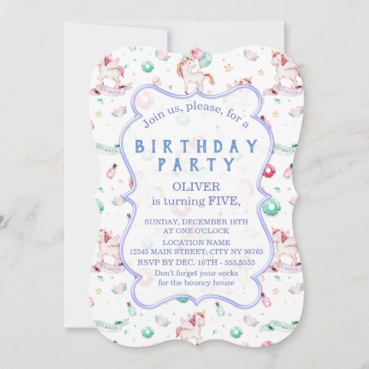 魔法のユニコーン誕生日パーティー少年Any Age 招待状 (正面)