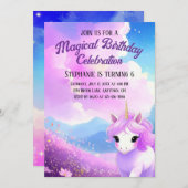 魔法のユニコーン誕生日パーティー招待状 招待状 (正面/裏面)