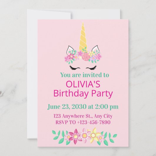 魔法のユニコーン誕生日パーティー招待状 招待状 (正面)