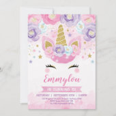 魔法のユニコーン誕生日パーティー ピンク パープル レインボー 招待状 (正面)